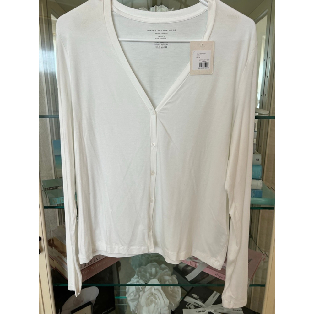 New Majestic Filatures White Soft Touch V-Neck Cardigan Size 4-L